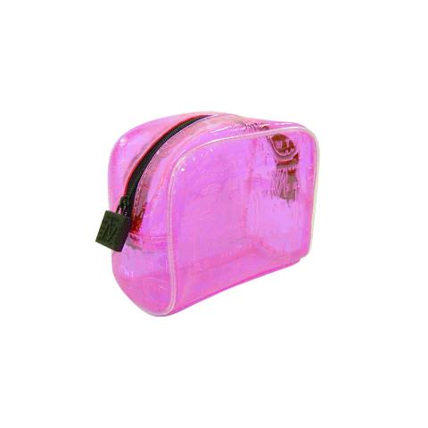 Pink PVC bag with repeating logos all around the bag