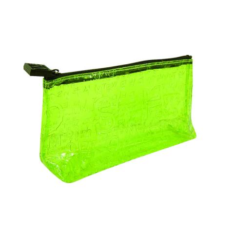 Green PVC bag with repeating logos all around the bag