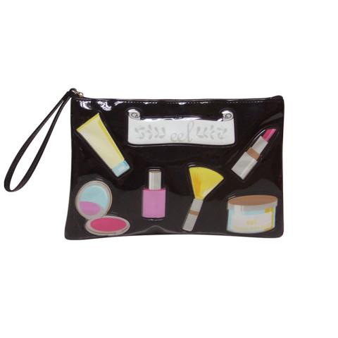 Black cosmetic bag with cosmetics pattern on front side