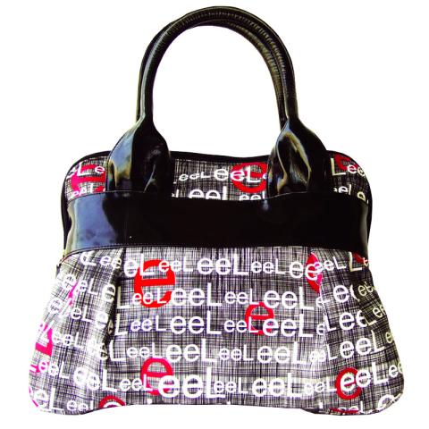Black PU tote bag with repeating logos all around the bag
