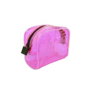 Pink PVC bag with repeating logos all around the bag