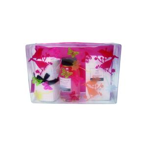PVC bag, clear PVC with patterns on front side, pink colour PVC in back side
