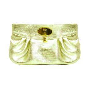 Gold cosmetic bag with lock accessory on front side