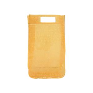 Orange PVC bag with repeating logos all around the bag, handle on top
