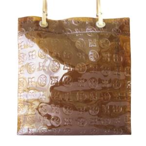 PVC tote bag with repeating logos all around the bag 